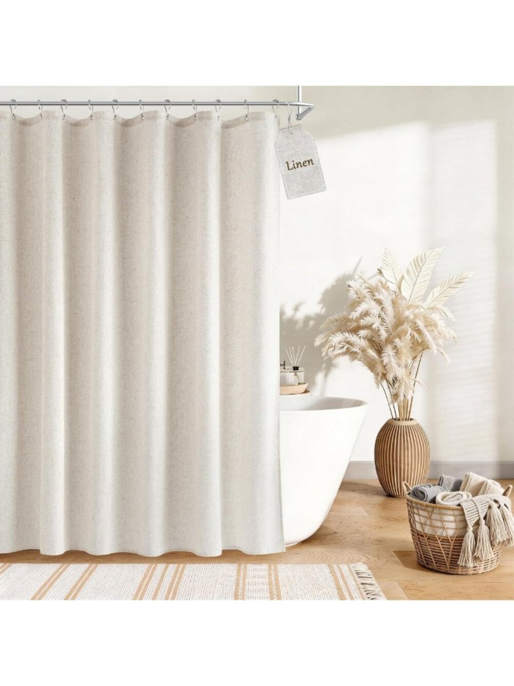 Extra Long Linen Shower Curtain for Bathroom 82 Inch Cream Beige